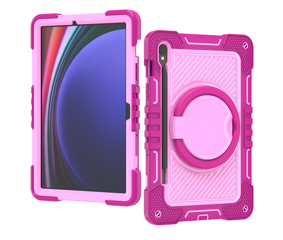 TOZIZO Samsung Galaxy Tab S9 Case - Rose Red + Pink Rugged Protective Cover with Rotating Kickstand