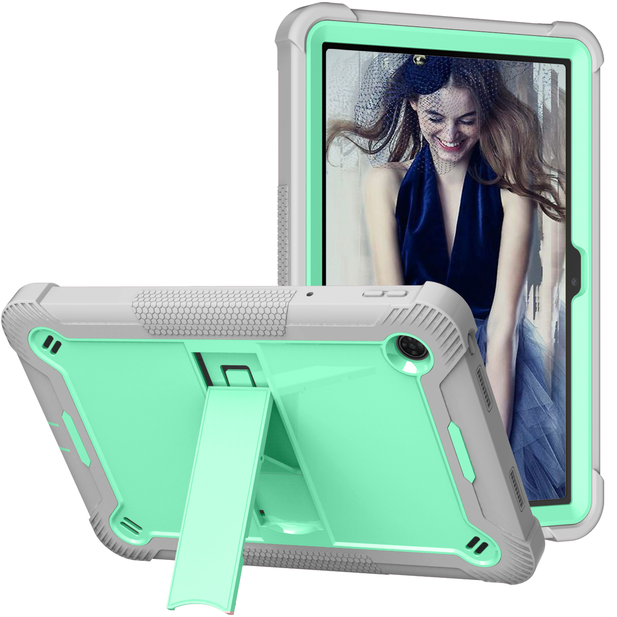 TOZIZO Heavy Duty Rugged Tablet Case for TCL Tab 10 10.1 Inch, 3-Layer Shockproof Silicone PC Cover with Kickstand, Full Body Kids Protective Case - Mint Green + Gray