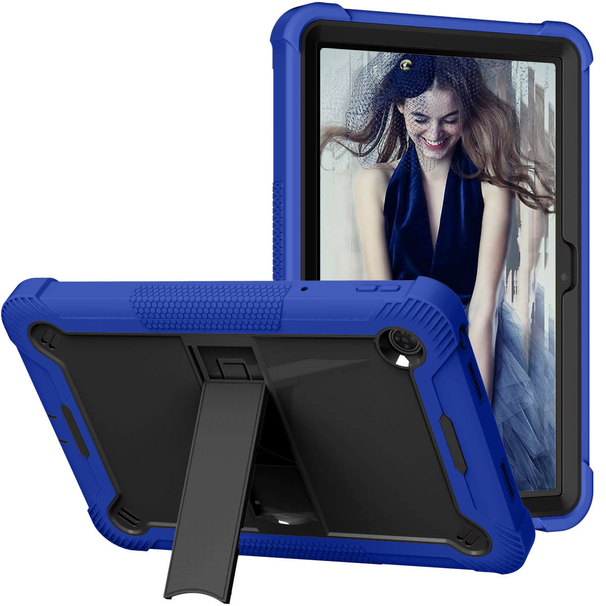 TOZIZO Rugged Tablet Case for TCL Tab 10 10.1 Inch, Full Body Shockproof Dustproof Cover, Triple Layer Heavy Duty Silicone PC Case with Kickstand - Dark Blue + Black