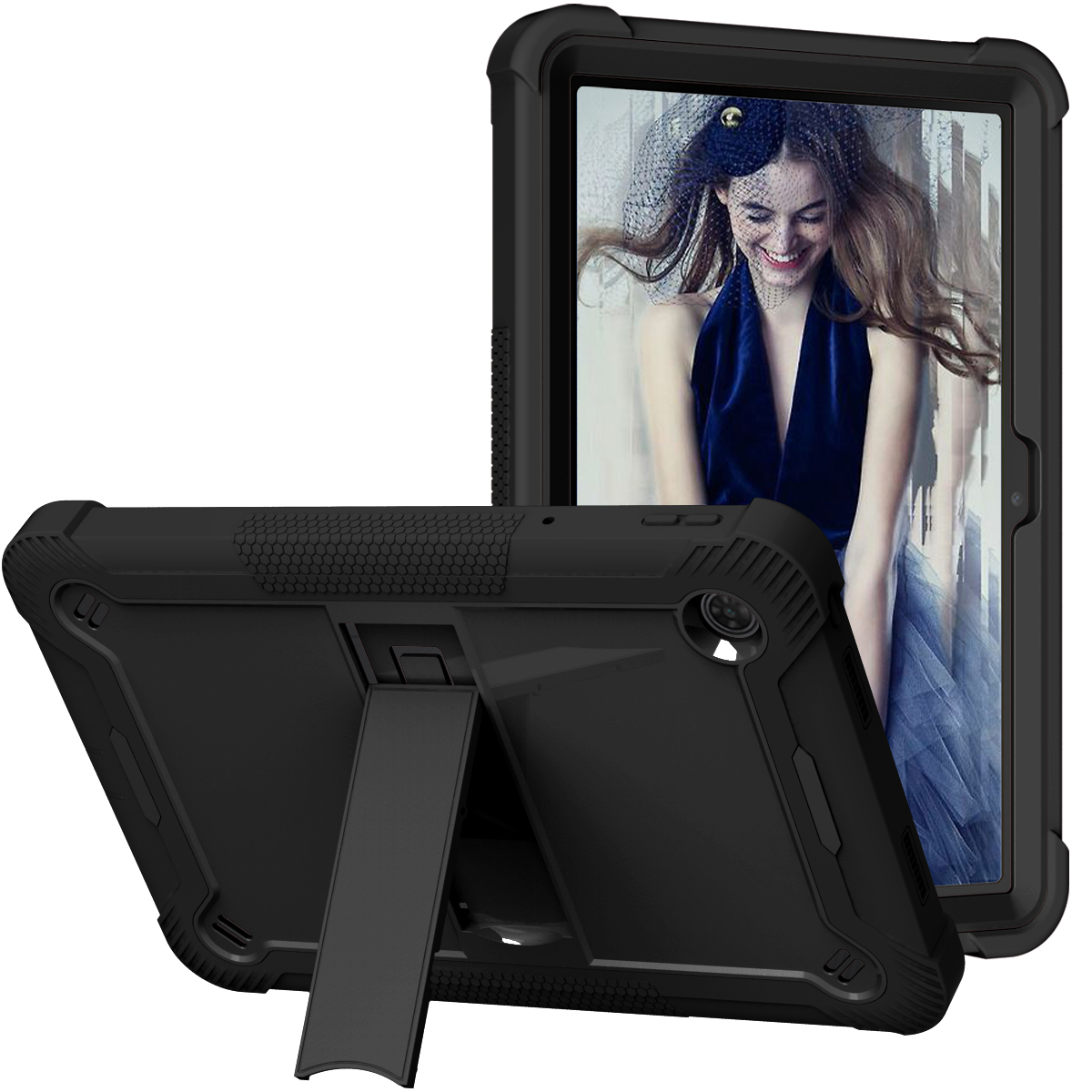 TOZIZO 3 Layers Heavy Duty Rugged Tablet Case for TCL Tab 10 10.1 Inch, Shockproof Dustproof Full Body Protective Silicone Cover with Stand - Black