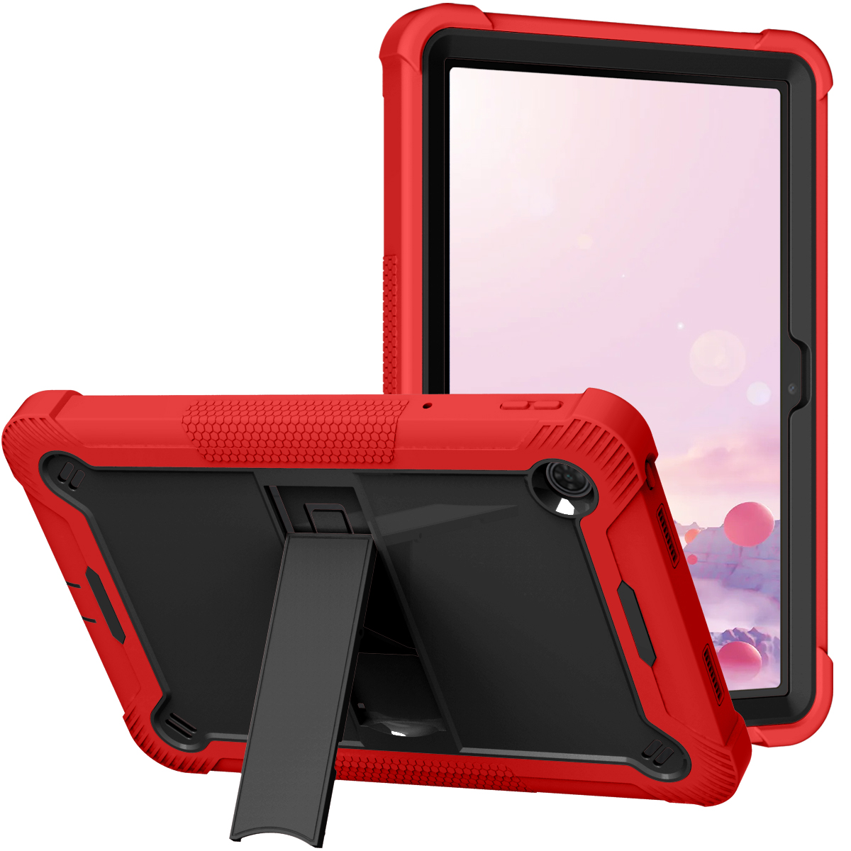 TOZIZO Shockproof Silicone Tablet Case for TCL Tab 10 10.1 Inch, Triple Layer Rugged Protective Cover with Built-in Kickstand, Kids Friendly Heavy Duty Case - Red + Black