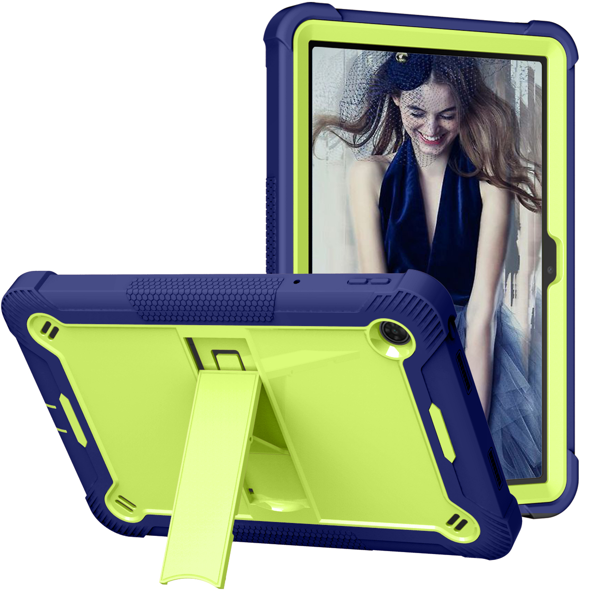 TOZIZO Multi Angle Kickstand Tablet Case for TCL Tab 10 10.1 Inch, Heavy Duty Rugged Shockproof Silicone PC Full Body Protective Case - Yellow-Green + Navy Blue