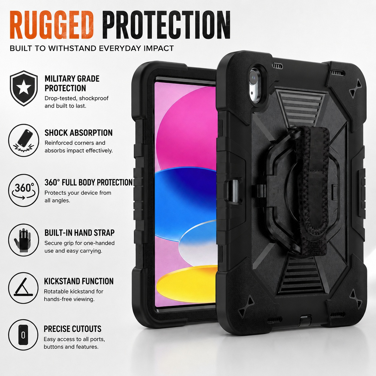 TIZIZO Heavy Duty Black Enterprise iPad Case for iPad 10th Generation 2022 & iPad 11th A16 2025  360° Swivel Stand Tablet Protection Solution