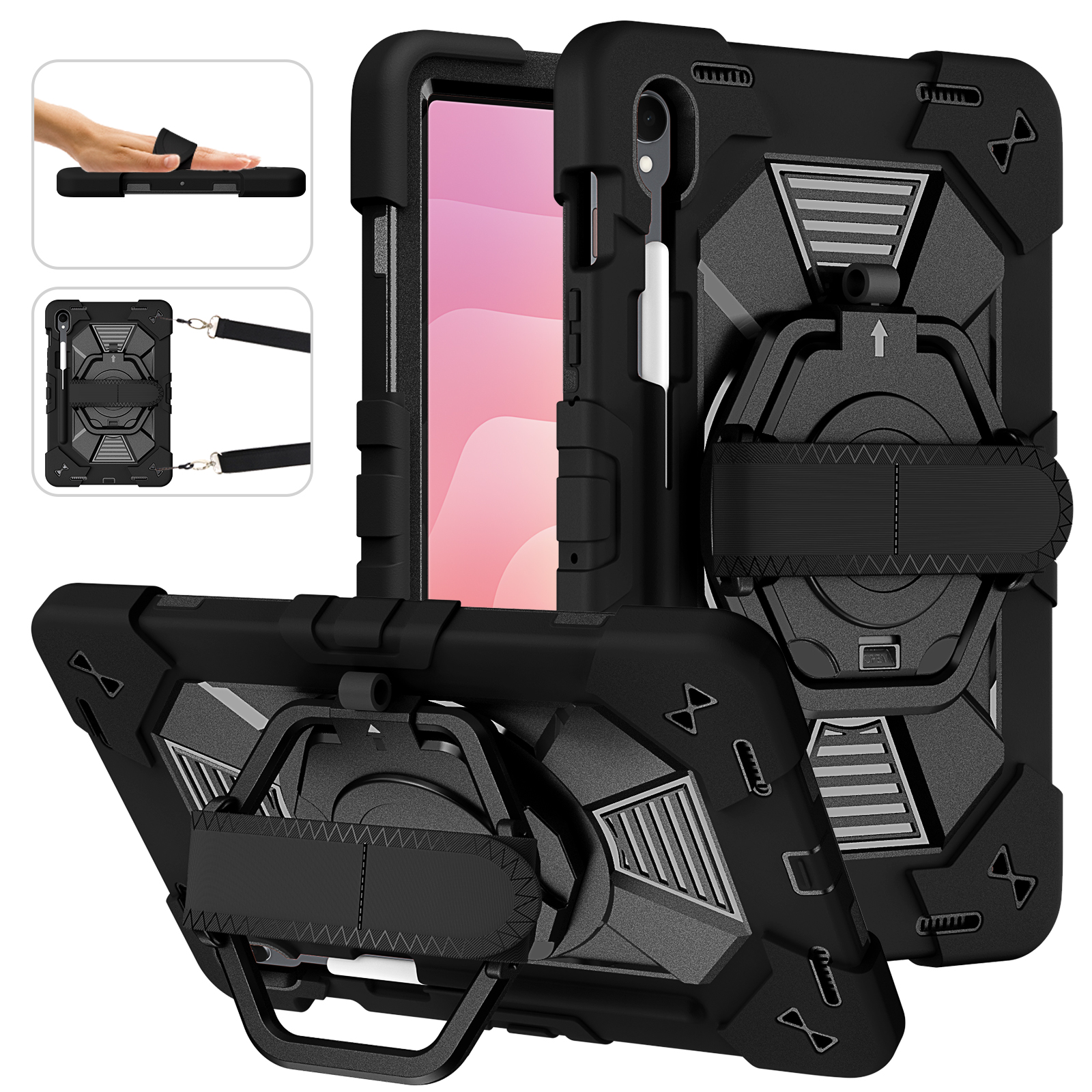 TOZIZO Black 360° Rotating Multifunctional Drop Protection for Samsung Galaxy Tab S9/S9FE/S10FE/S10Lite with Hand Strap, Shoulder Strap & Pencil Holder B2B Industrial Enterprise Armor Cover