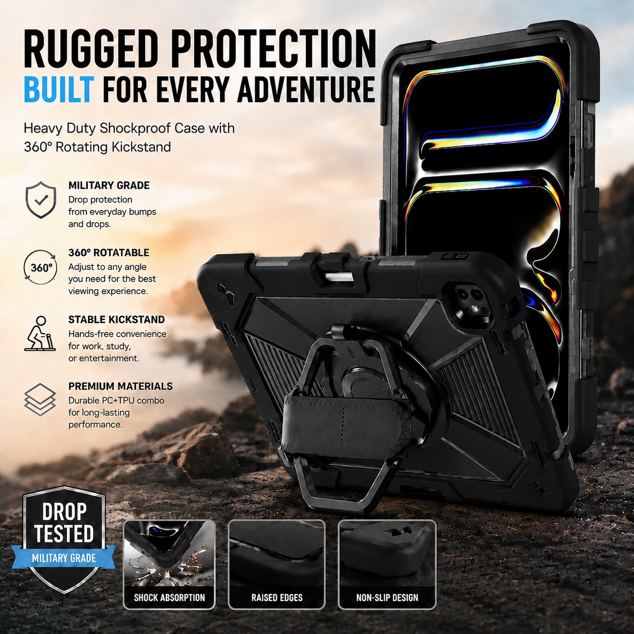 TOZIZO Black Full Coverage Tablet Protection for iPad Air 13 M2 M3 M4 with 360° Lotus Kickstand and Shoulder Strap