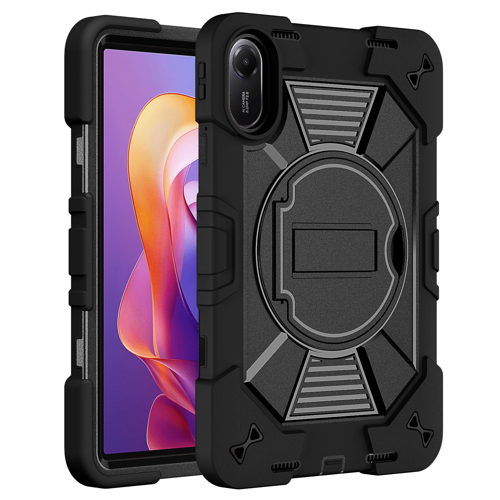TOZIZO Black Industrial Rugged Tablet Case for Redmi Pad 2 Enterprise Heavy Duty B2B Protection Stable Kickstand Adjustable Shoulder Strap