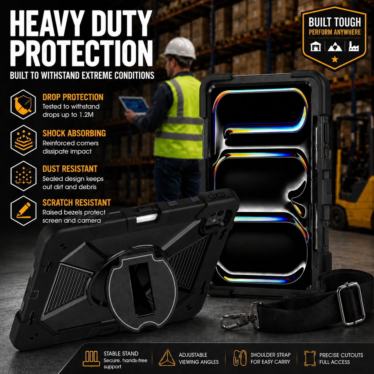 TOZIZO Black Rugged iPad Air 13 M2/M3/M4 Case with Pencil Holder & Shoulder Strap B2B Bulk Supply