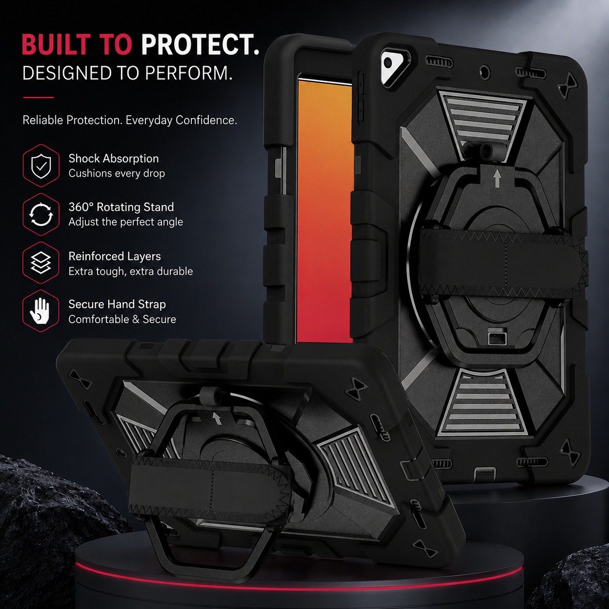 TOZIZO Black Service Technician Customer Favorite Rugged Case for iPad 10.2 7th 8th 9th Gen with 360° Rotating Stand Pencil Holder Shoulder Strap