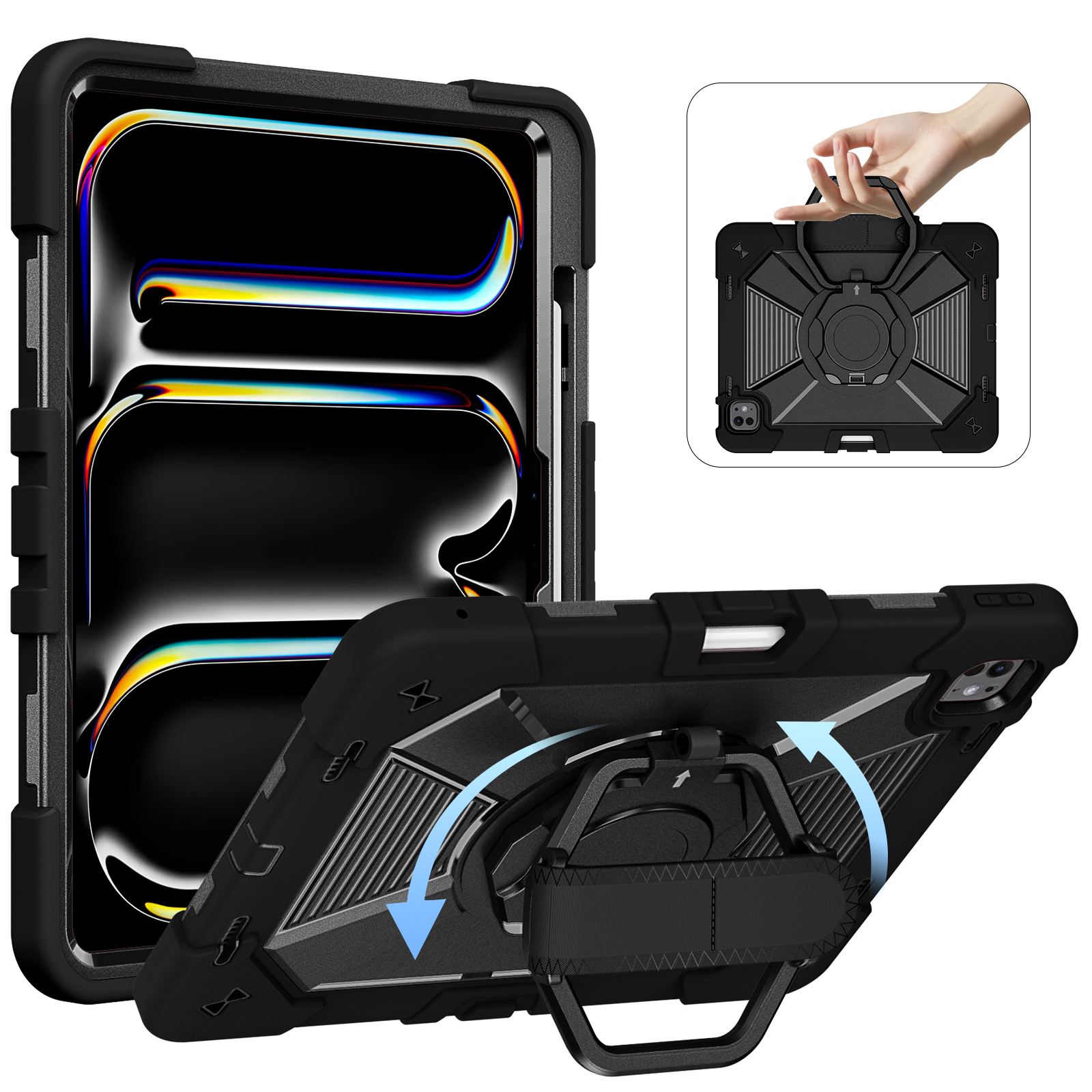TOZIZO Black Shock Absorbing Logistics Construction Worker Use Tablet Case with 360° Rotating Stand for iPad Pro 13 M4 M5