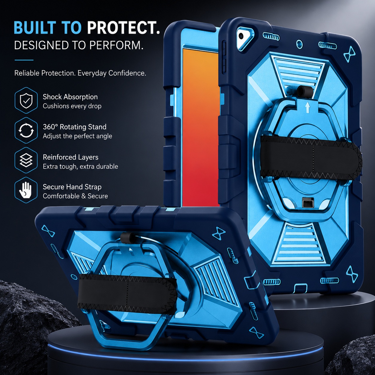 TOZIZO Industrial Grade Navy Blue iPad 10.2 Rugged Case with Rotating Kickstand Tablet Case for Construction Workers