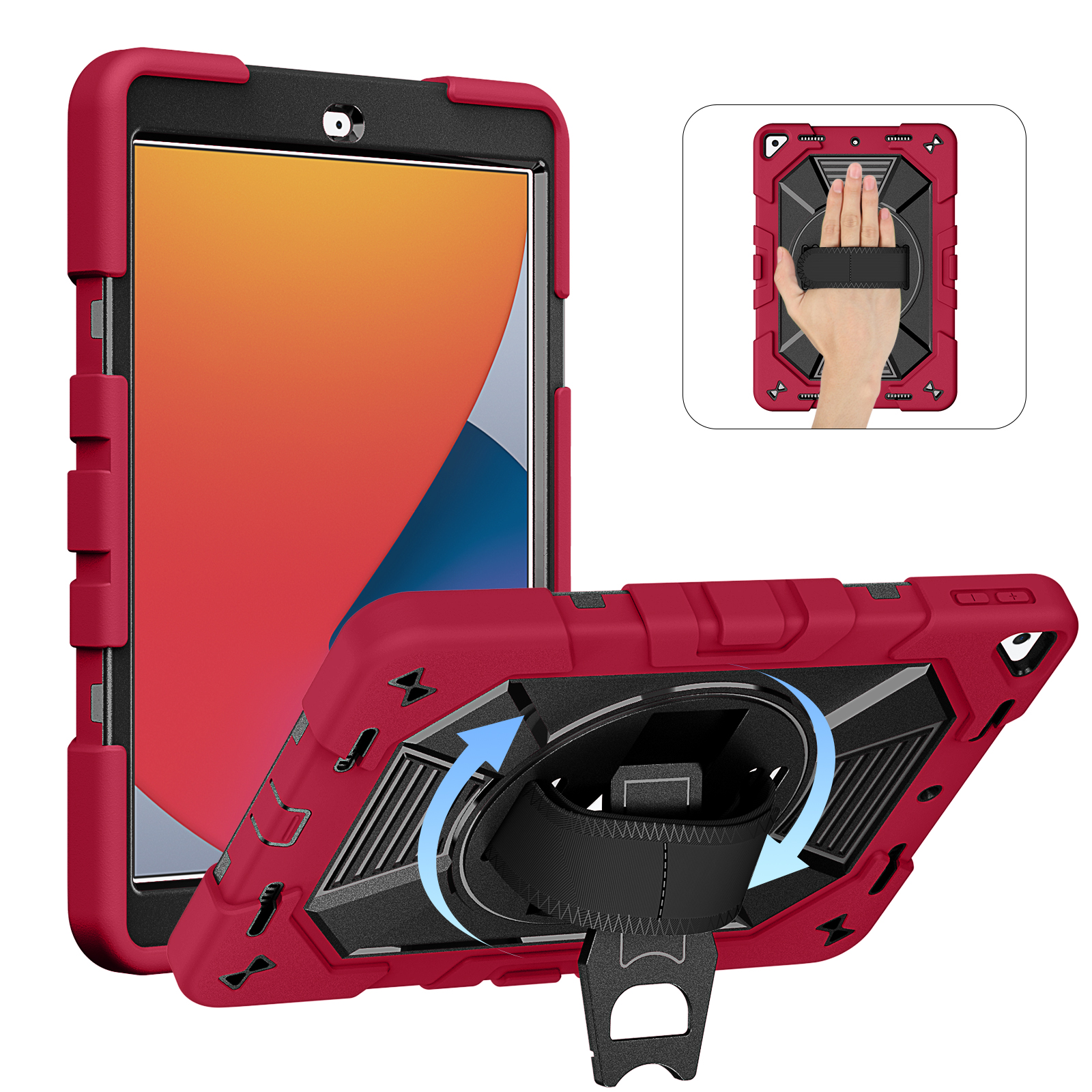 TOZIZO Military Grade iPad 10.2 Rugged Case Wine Red with Maximum Protection Rotating Stand and Adjustable Strap