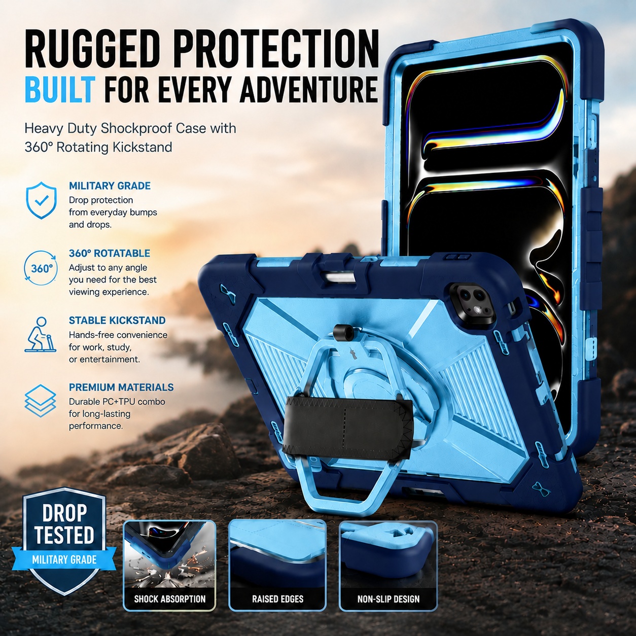 TOZIZO Navy Blue Enterprise iPad Air 13 Rugged Case with Rotating Holder, Hand Strap and Pencil Slot