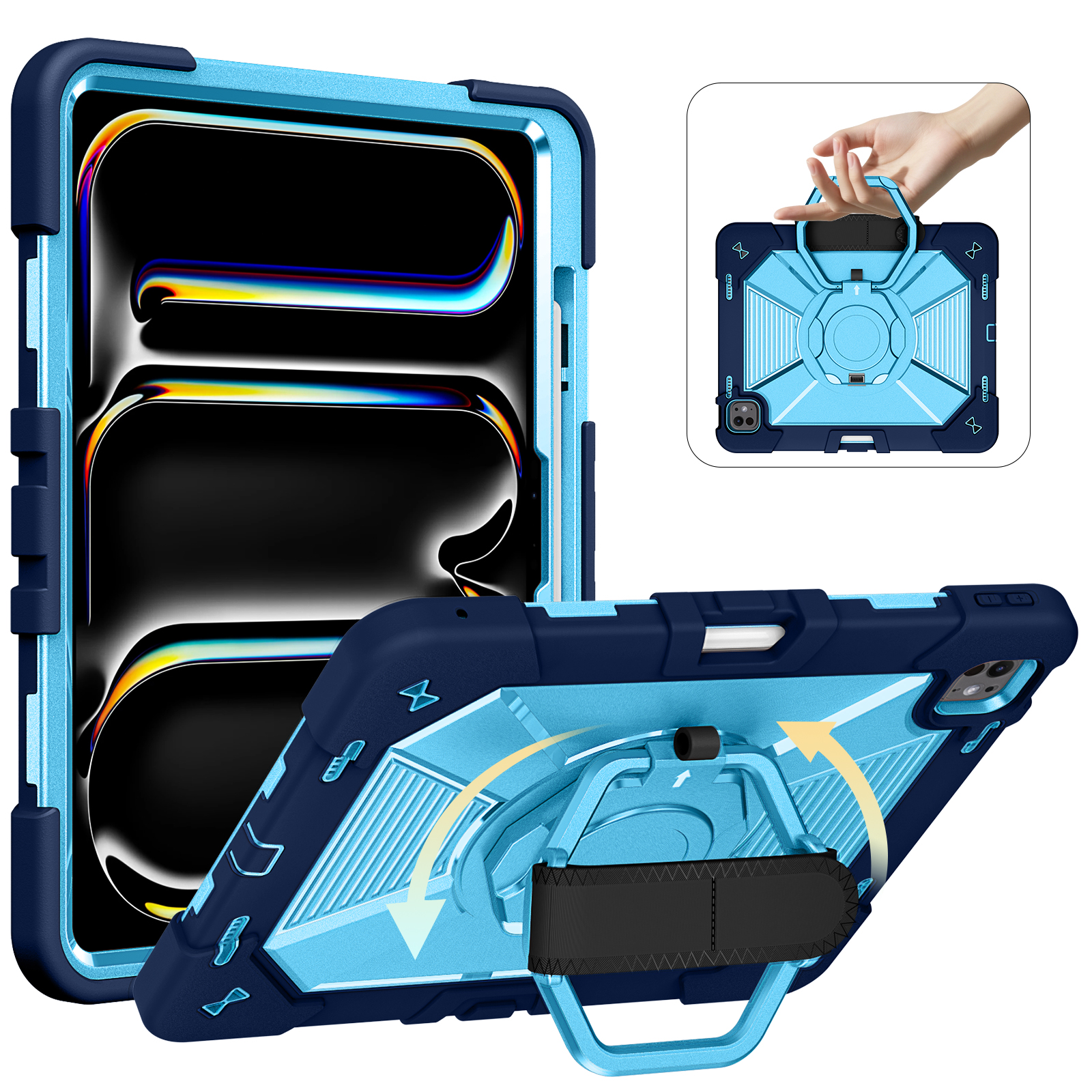 TOZIZO Navy Blue Full Body Rugged Armor Adventure Ready Travel Protection Tablet Case for iPad Pro 13 M4 M5 with Hand Strap and Rotating Stand