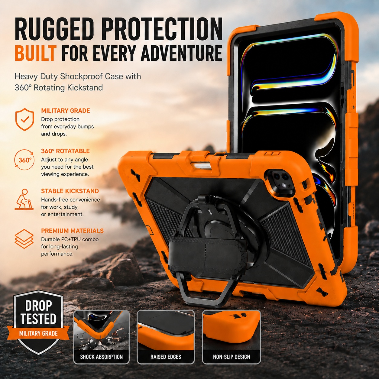 TOZIZO Orange Armor iPad Air 13 M2 M3 M4 Worksite Warehouse Rugged Case with 360 Stand and Strap