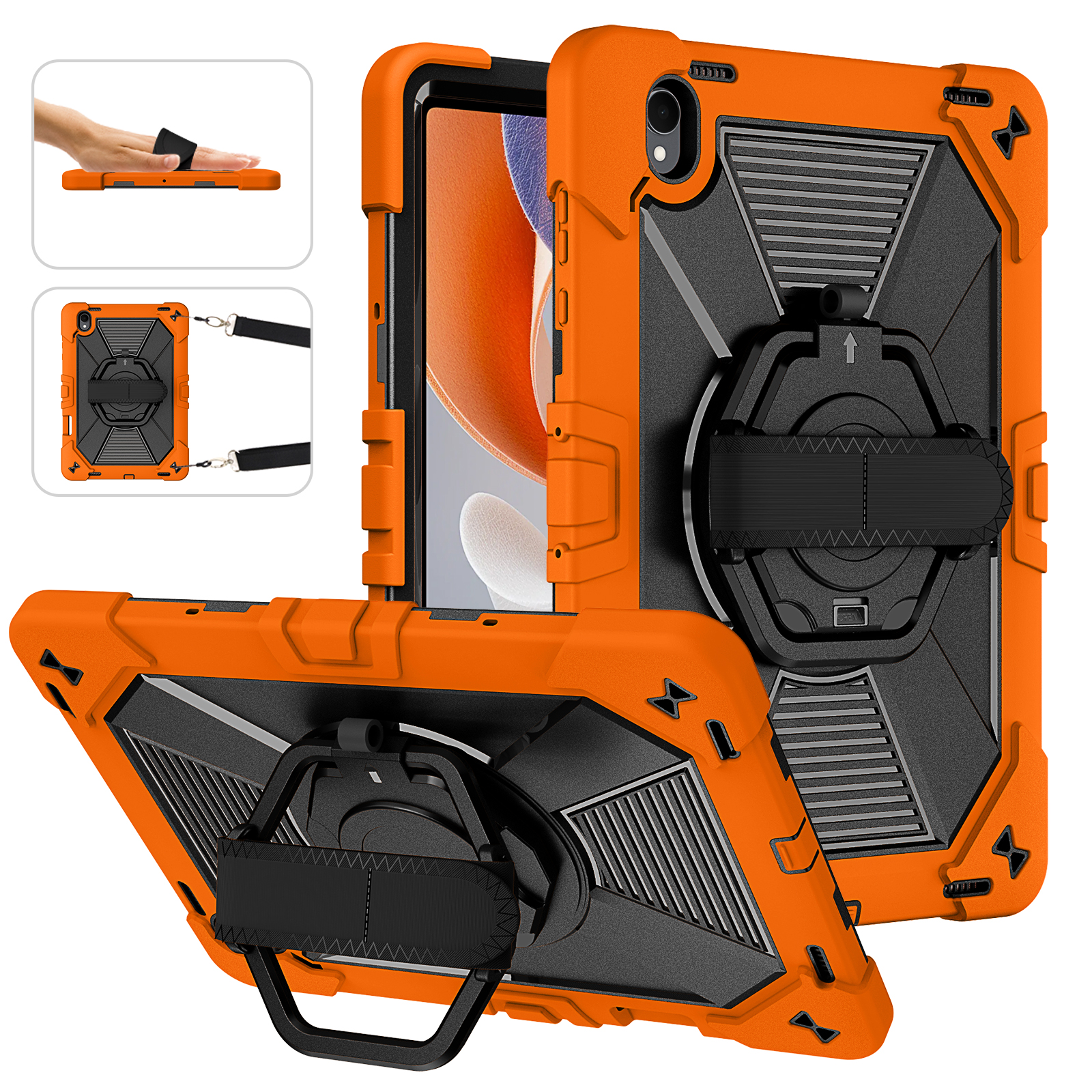 TOZIZO Orange Heavy Duty Tablet Armor Case for Samsung Galaxy Tab S12 Plus with 360° Rotating Stand, Adjustable Hand Grip and Shoulder Strap Protection