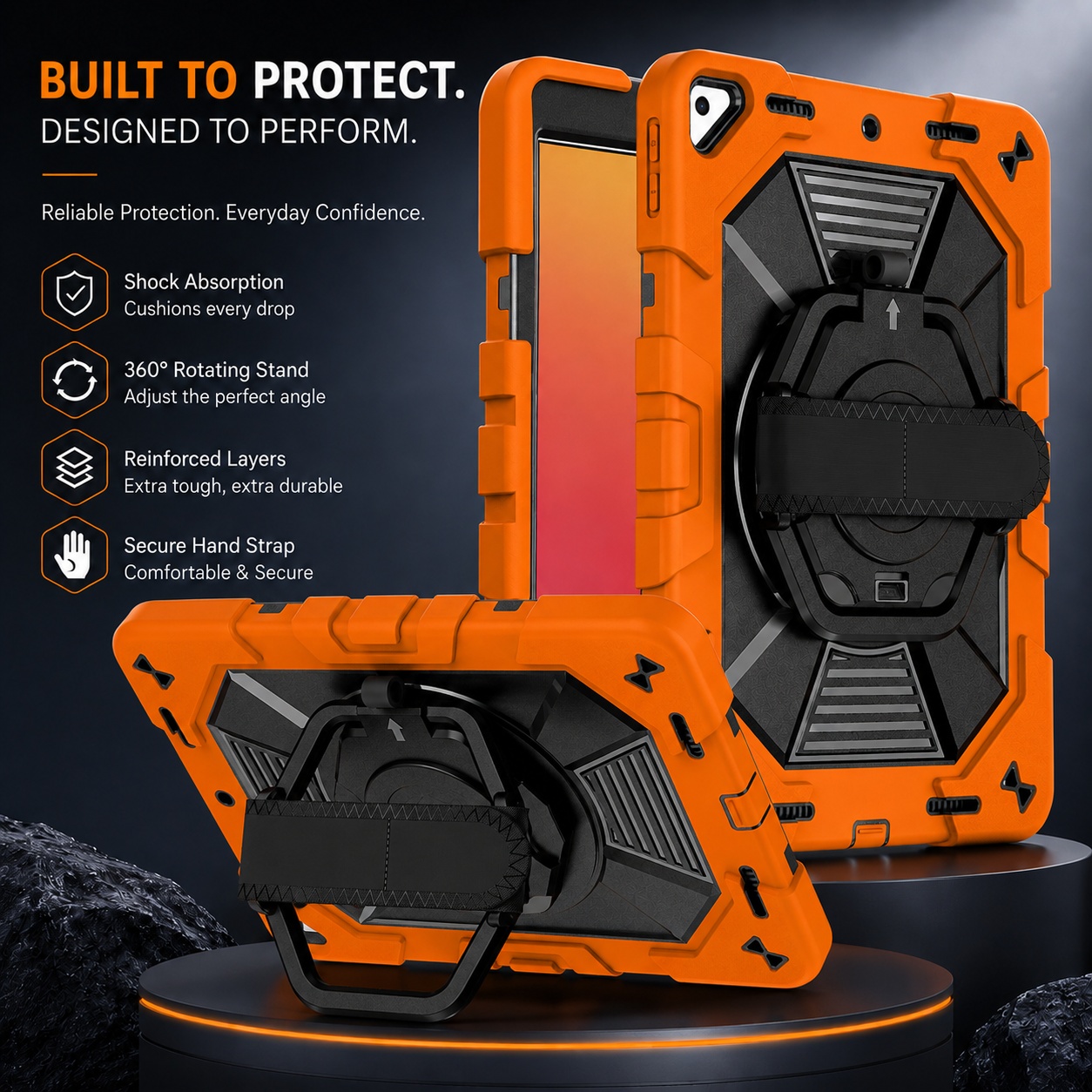 TOZIZO Orange Heavy Duty Tablet Armor iPad 10.2 Rugged Case for Travel with Pencil Holder and Adjustable Strap