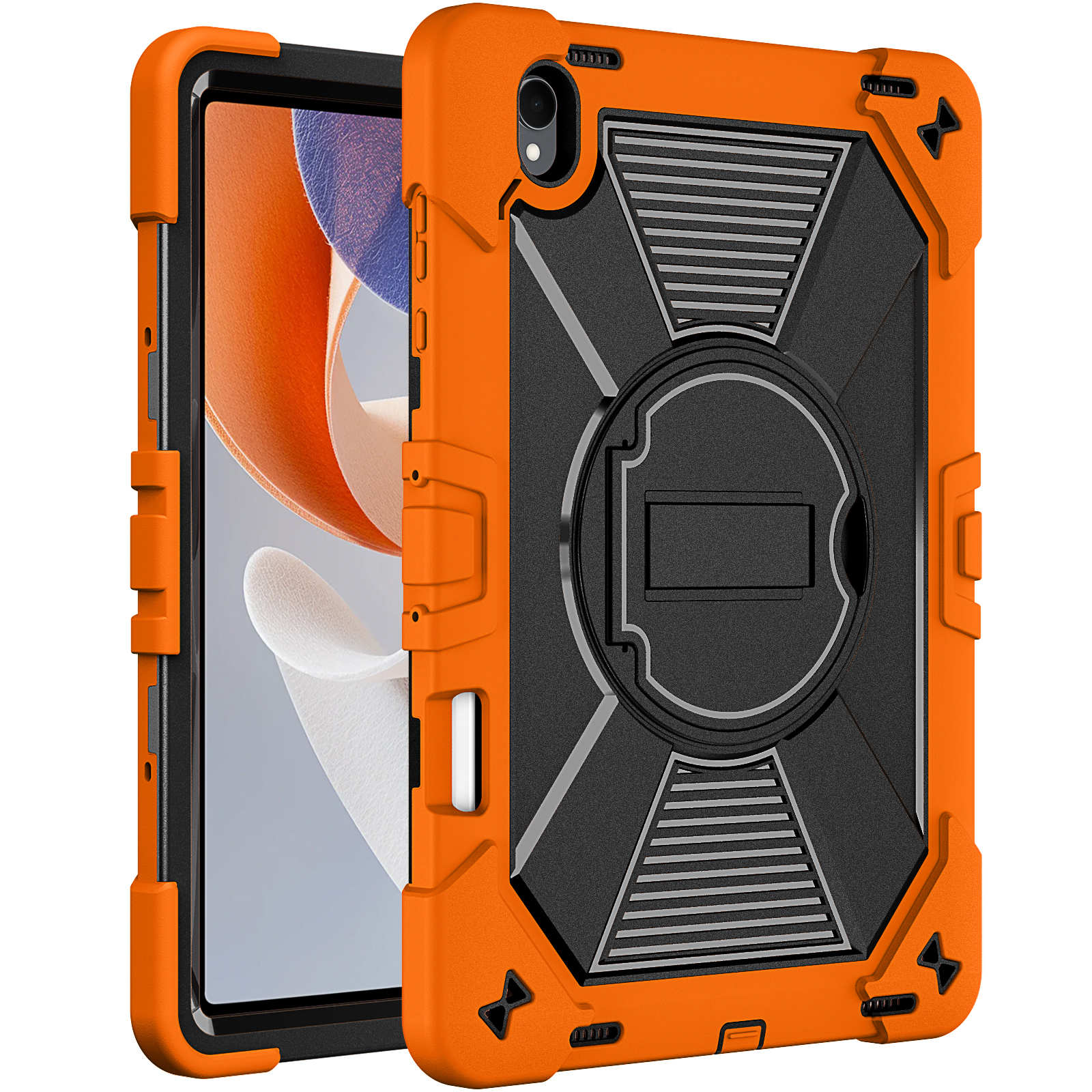 TOZIZO Orange Heavy Duty Tablet Protective Cover for Samsung Galaxy Tab S12 Plus 12.4 Inch, Rugged Silicone PC Case with Stable Stand, Pencil Slot for Industrial and Outdoor Applications