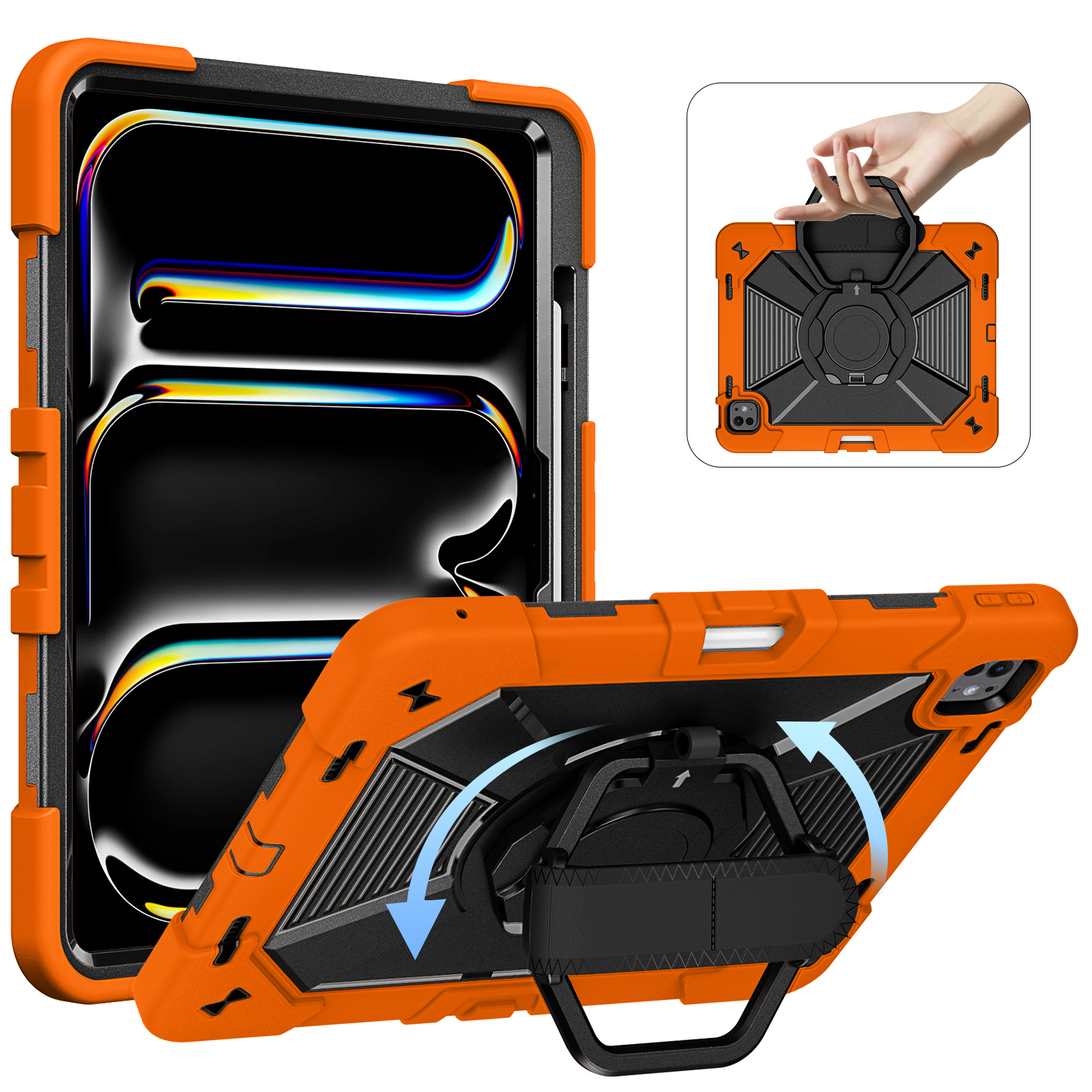 TOZIZO Orange Outdoor Field Industrial Use Reinforced Corner Shockproof Cover for iPad Pro 13 M4 M5  with Hand Strap and Rotating Stand