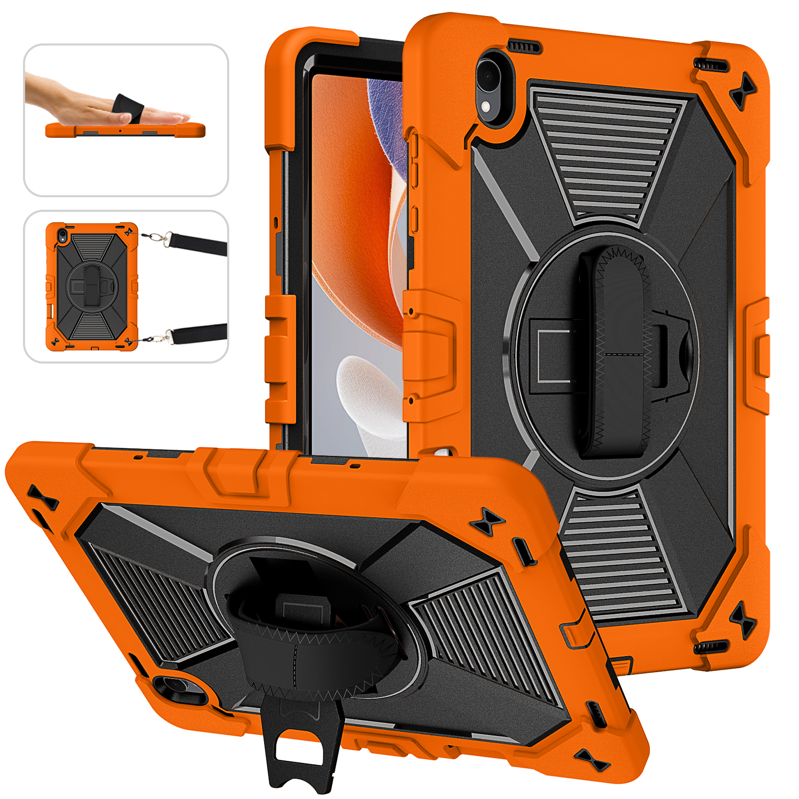 TOZIZO Orange Outdoor Rugged 360 Rotating Tablet Case for Samsung Galaxy Tab S12 Plus 12.4 Inch with Adjustable Strap Multi Angle Stand Silicone PC Cover