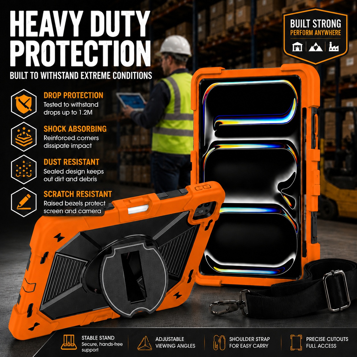 TOZIZO Orange Rugged iPad Air 13 M2 M3 M4 Case with Pencil Holder and Shoulder Strap