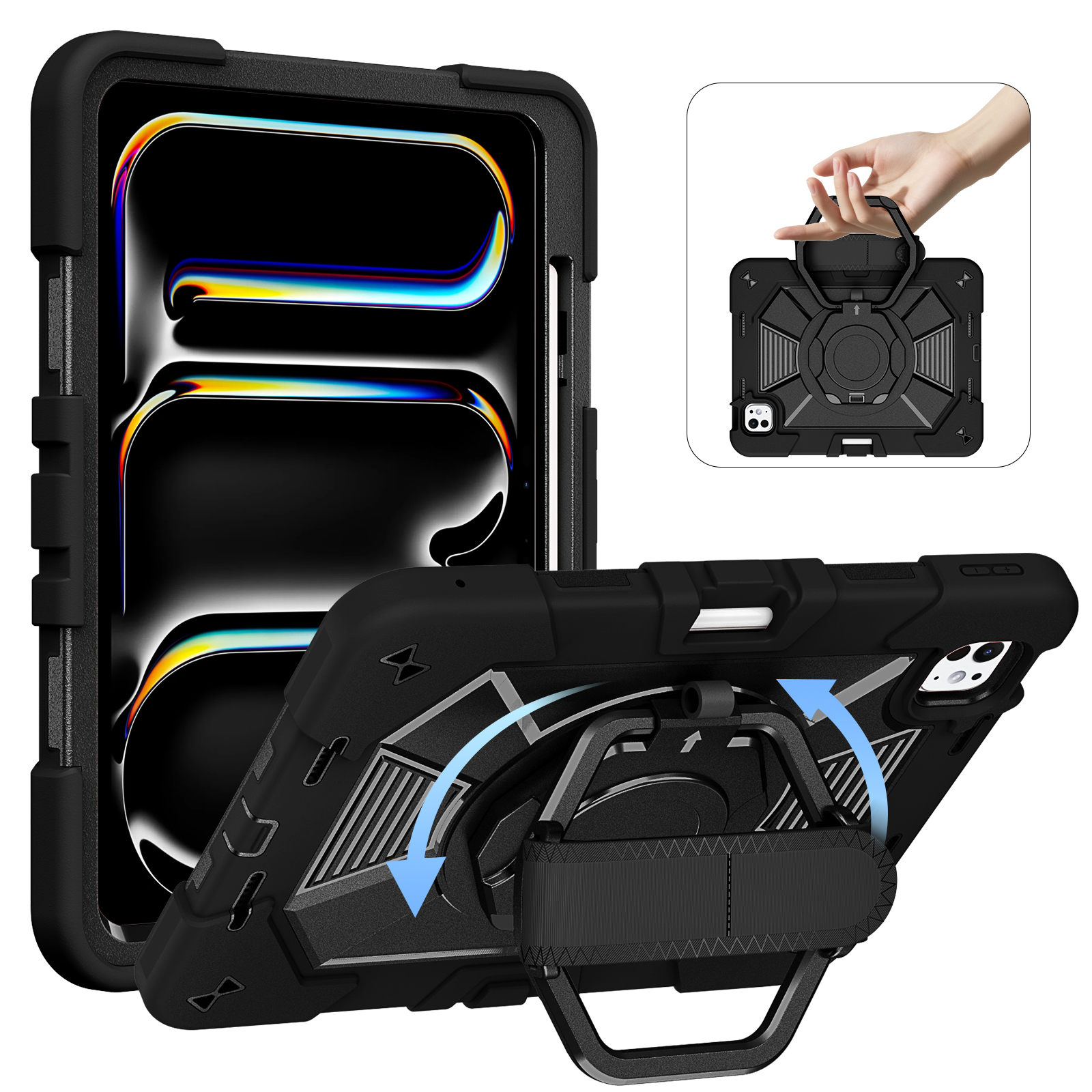 TOZIZO Premium Rugged iPad Pro 11 Case Black with 360 Rotating Stand Hand Strap Pencil Holder and Shoulder Strap for Professional Use