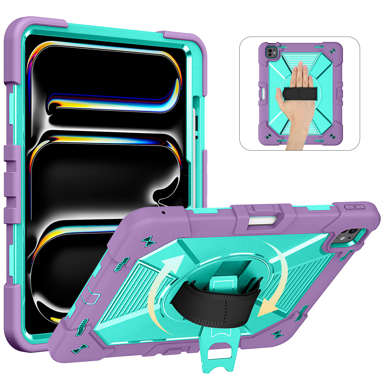 TOZIZO Purple Mint Ergonomic iPad Pro 13 M4 M5 Rugged Case with Multi-Angle 360° Stand, Pencil Holder and Shoulder Strap