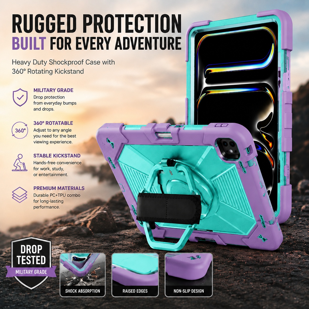 TOZIZO Purple Mint Healthcare School iPad Air 13 Case with 360° Kickstand and Adjustable Strap