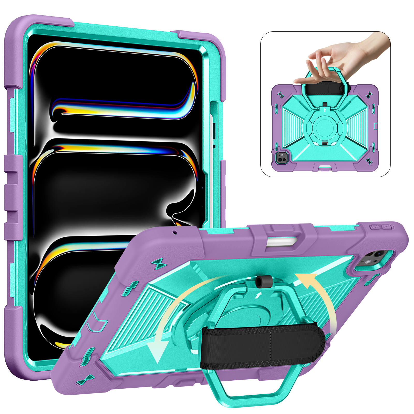 TOZIZO Purple Mint Outdoor Tough Advanced Drop Defense Tablet Case for iPad Pro 13 M4 M5 with Pencil Holder and Hand Strap