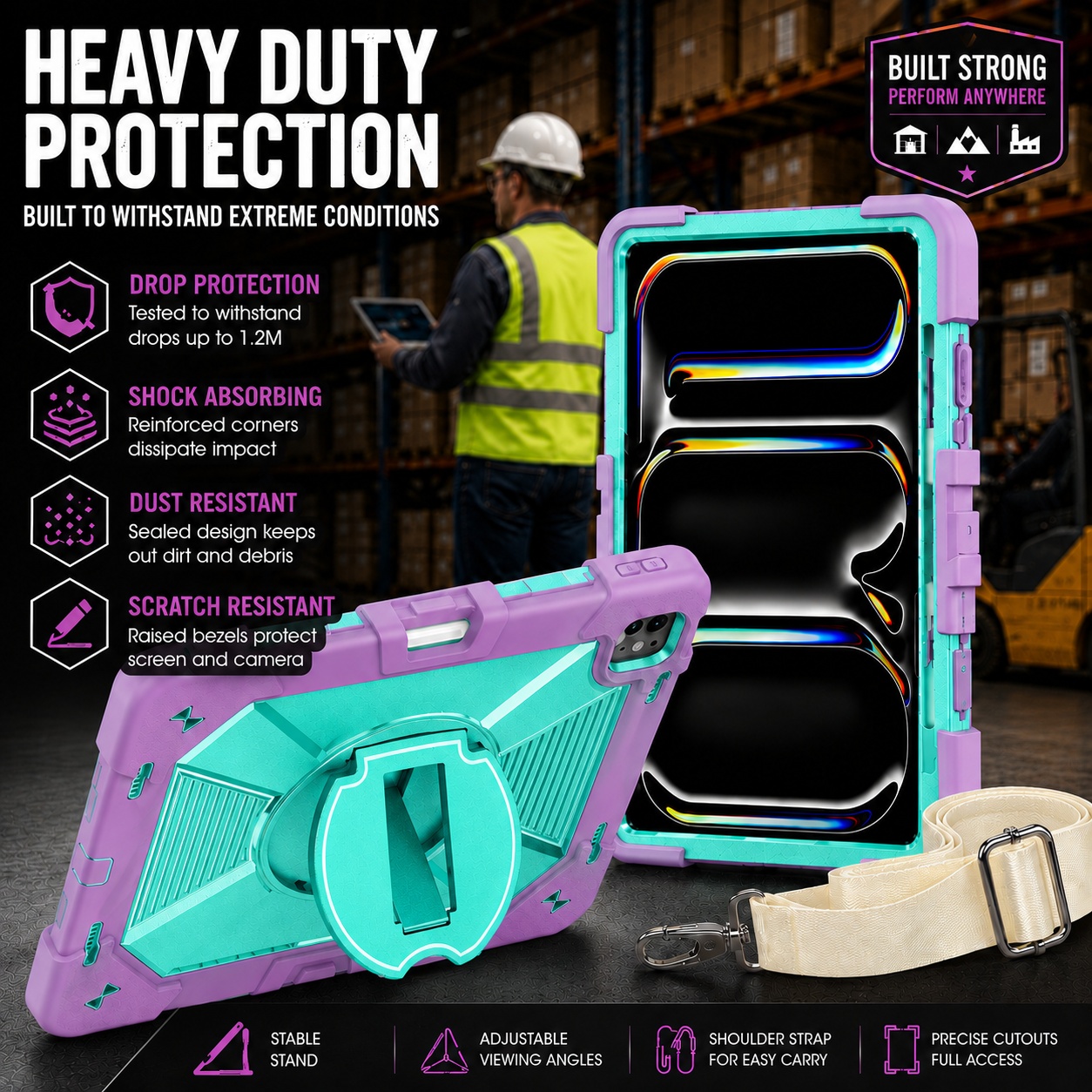 TOZIZO Purple Mint Rugged Tablet Case for iPad Air 13 M2 M3 M4 Bulk Orders with Stable Stand
