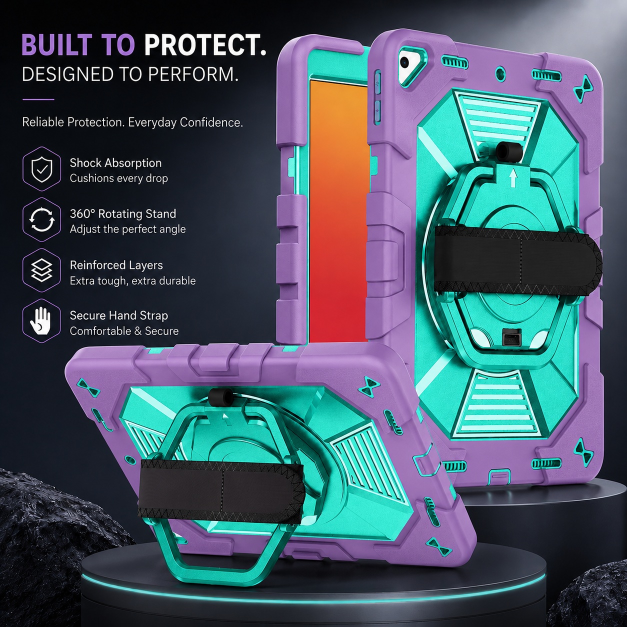 TOZIZO Purple Mint Shockproof Tablet Case for iPad 10.2 Durable Tablet Protection with Hand Strap and Shoulder Strap