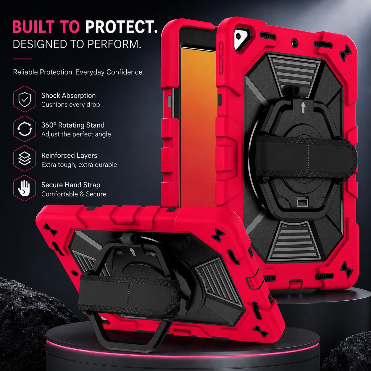 TOZIZO Red Black Shockproof Enterprise Ready Armor iPad 10.2 Case with Pencil Holder 360° Swivel Stand