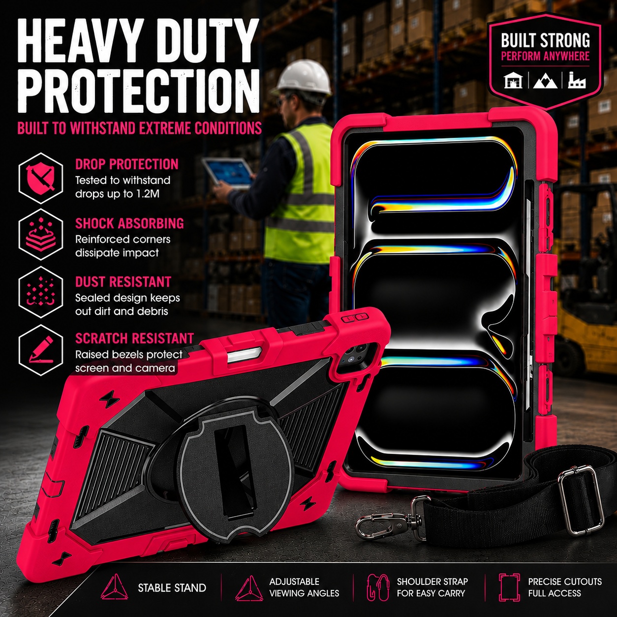 TOZIZO Red Heavy Duty Impact Resistant iPad Air 13 M2 M3 M4 Tablet Case with Kickstand Distributor Ready