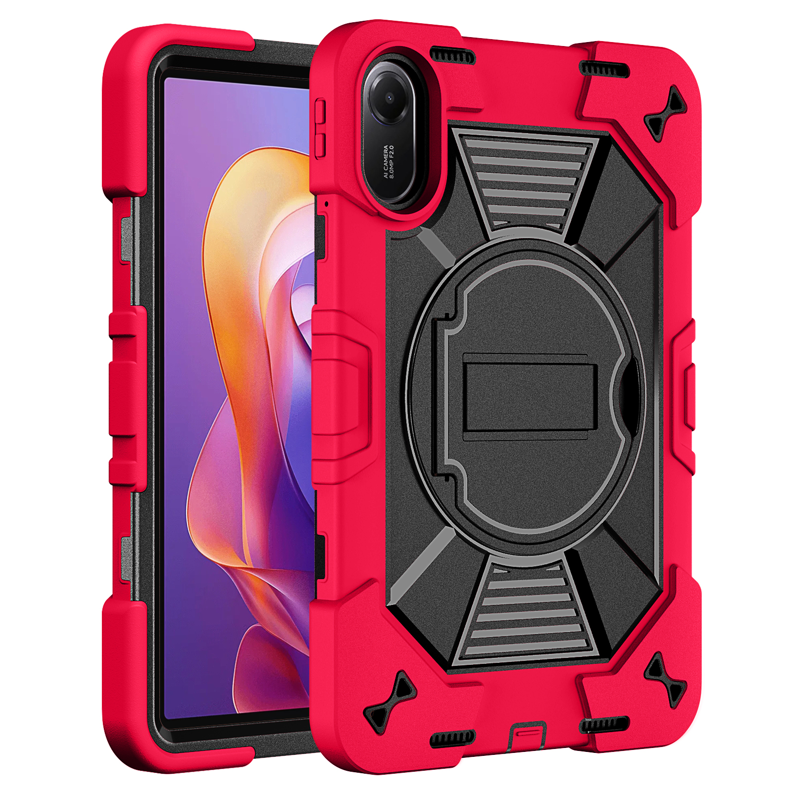 TOZIZO Red High-Visibility Rugged Tablet Case for Redmi Pad 2 Construction Field Service Heavy Duty Shockproof B2B Stand Case