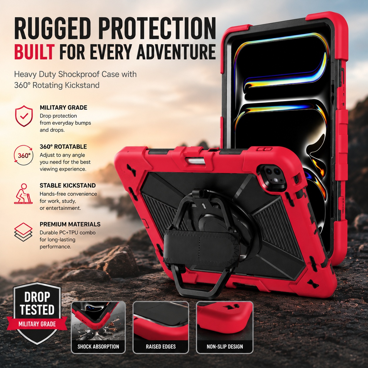 TOZIZO Red Industrial Functional And User Friendly iPad Air 13 M2 M3 M4 Case with 360° Rotating Stand, Pencil Holder and Strap