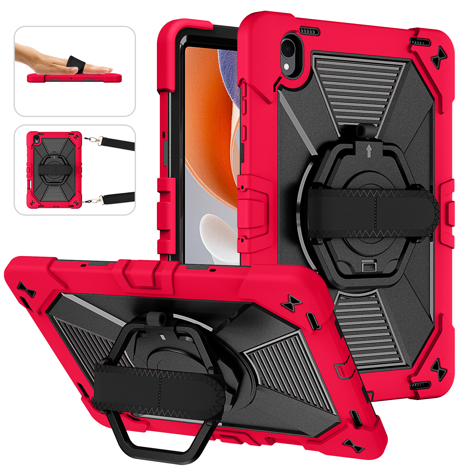 TOZIZO Red Industrial Shockproof Tablet Case for Samsung Galaxy Tab S12 Plus with Rotating Kickstand Adjustable Hand Strap and Shoulder Carrying Strap