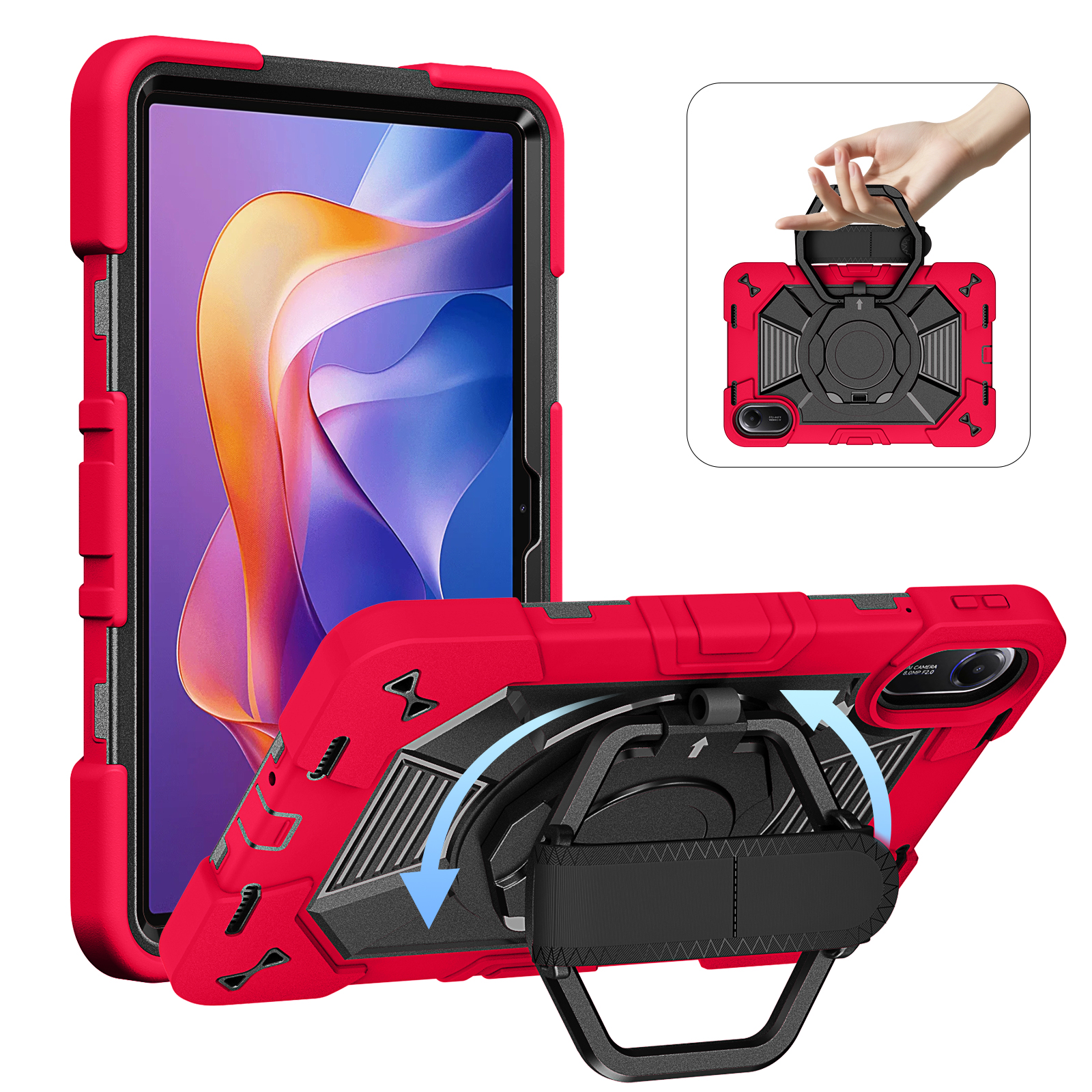 TOZIZO Redmi Pad 2 Rugged Tablet Case Red, Heavy Duty Shockproof Protective Cover with 360° Rotating Stand, Adjustable Hand Strap and Shoulder Strap for Industrial Work, Business Travel and Education