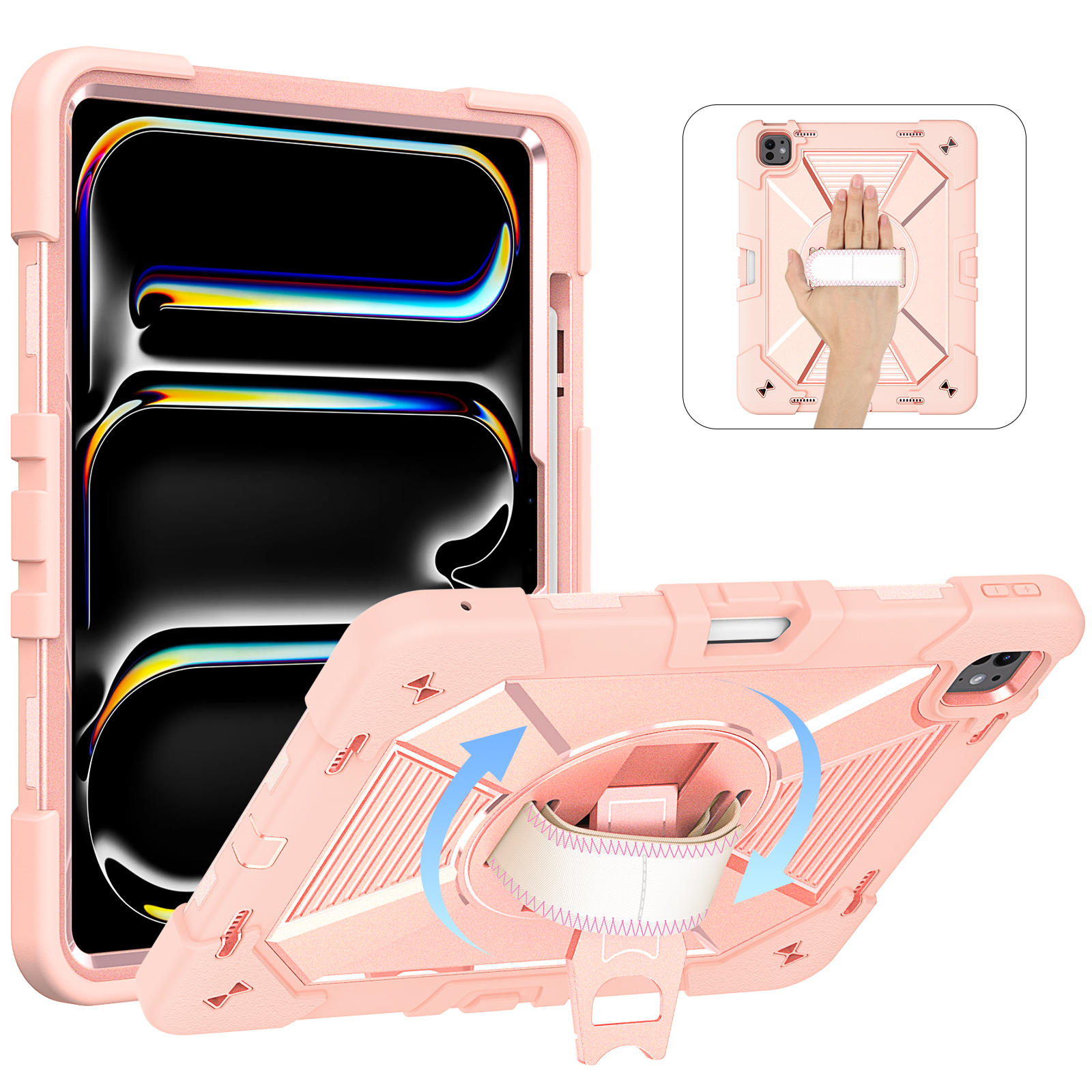 TOZIZO Rose Gold Business Travel iPad Pro 13 M4 M5 Protective Case with Adjustable Shoulder Strap and 360° Rotating Stand
