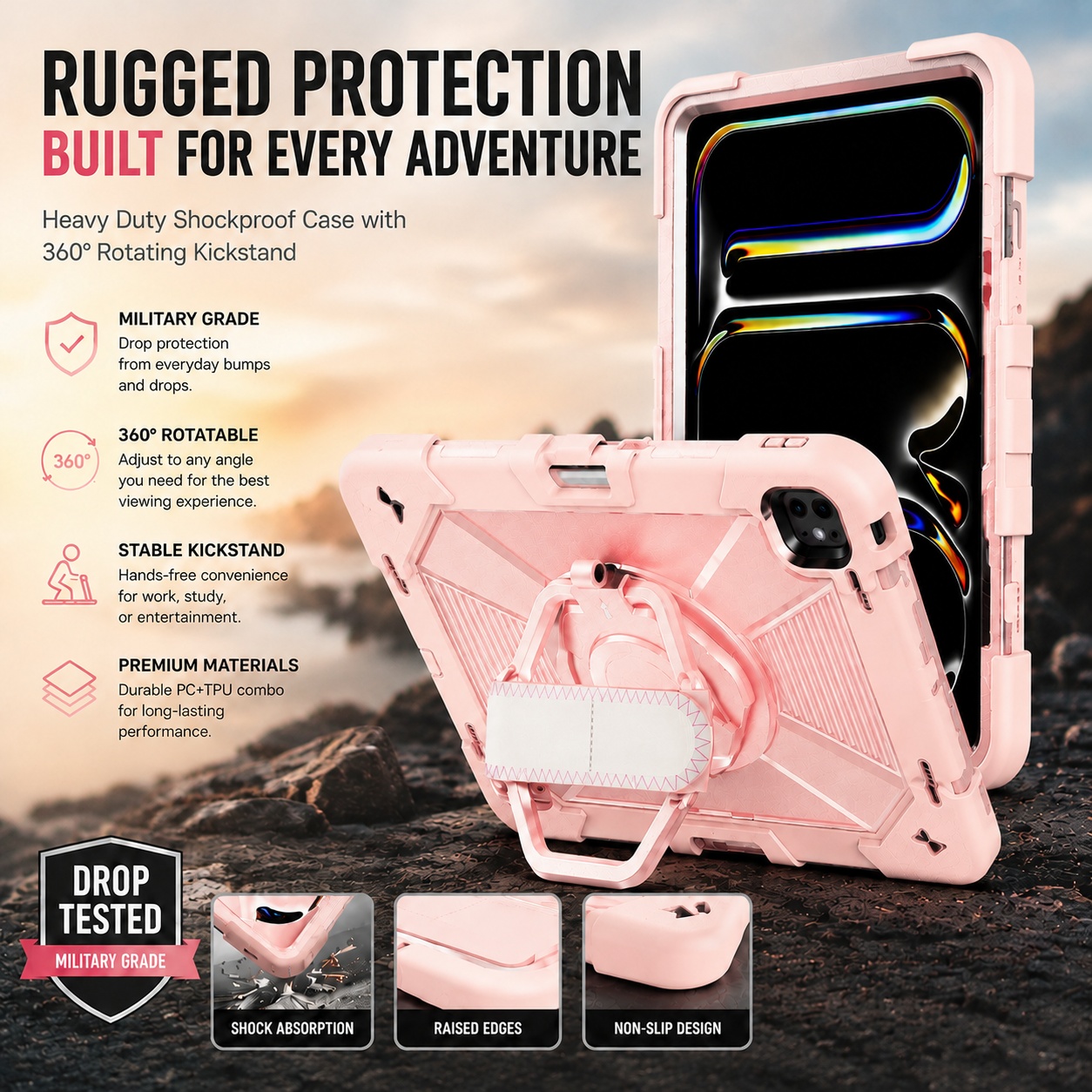 TOZIZO Rose Gold Executive iPad Air 13 M2 M3 M4 Rugged Case with 360° Stand and Pencil Holder
