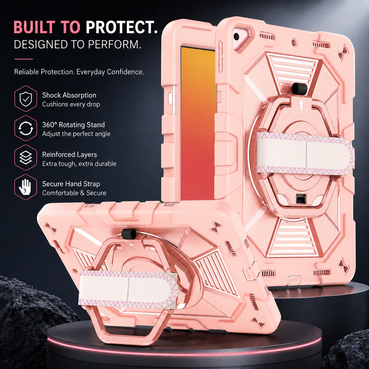 TOZIZO Rose Gold Heavy Duty iPad 10.2 Protective Case for Travel with 360 Rotating Stand and Shoulder Strap
