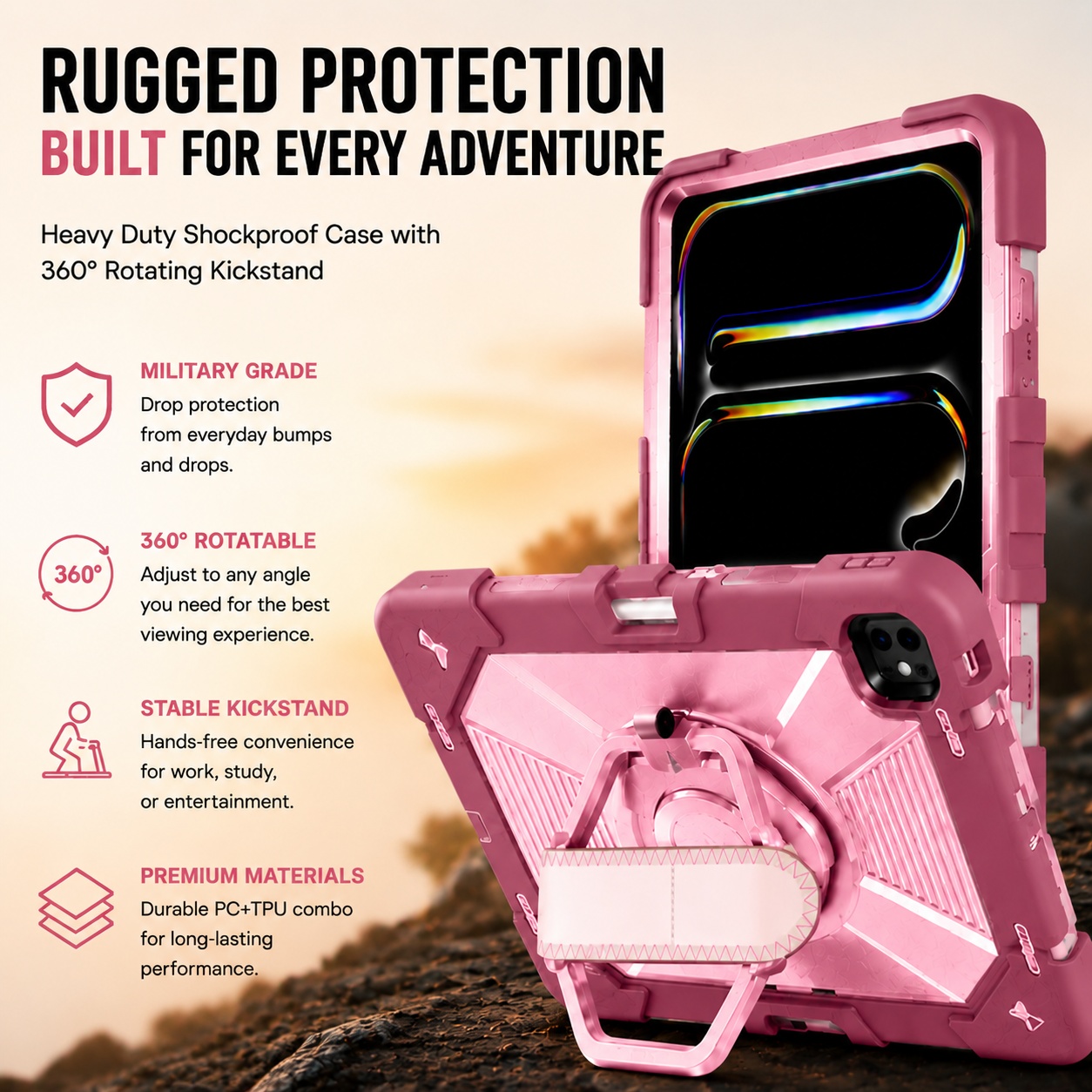 TOZIZO Rose Red Professional iPad Air 13 Case with Swivel Stand, Hand Grip and Shoulder Strap