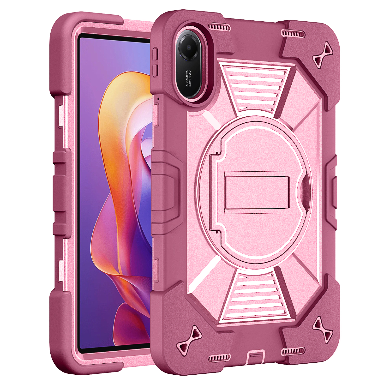 TOZIZO Rose Red Rugged Tablet Case for Redmi Pad 2 Executive B2B Shockproof Protection Stable Horizontal Kickstand Adjustable Shoulder Strap