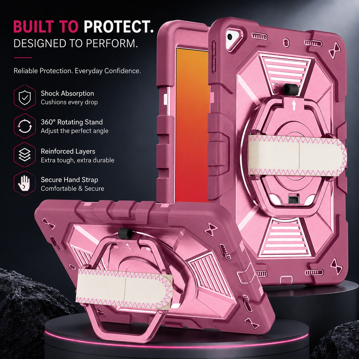 TOZIZO Rugged Multi Angle Viewing Stand Protective Case for iPad 10.2 with Pencil Holder Hand Strap Shoulder Strap Rose Red