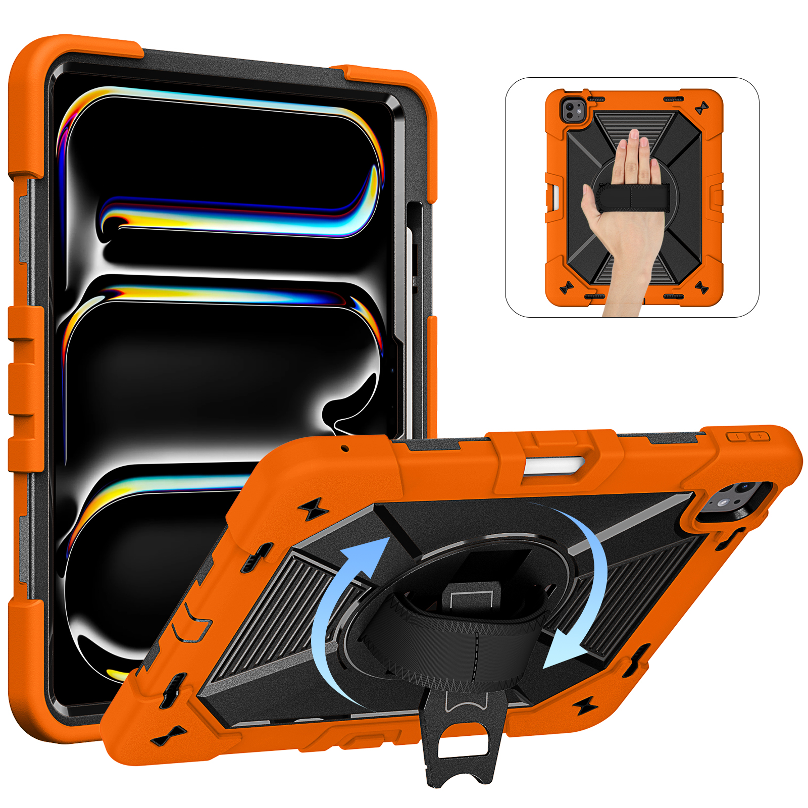 TOZIZO Rugged iPad Pro 13 M4/M5 Case 360° Rotating Stand with Shoulder Strap & Pencil Holder-Orange Black Heavy Duty Industrial Edition