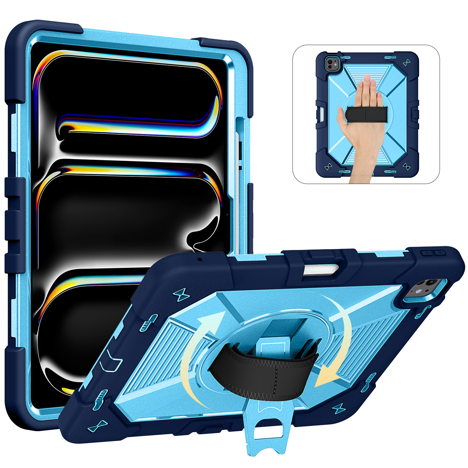 TOZIZO Rugged iPad Pro 13 M4/M5 Case 360° Rotating Stand with Shoulder Strap & Pencil Holder – Navy Blue proven protective design