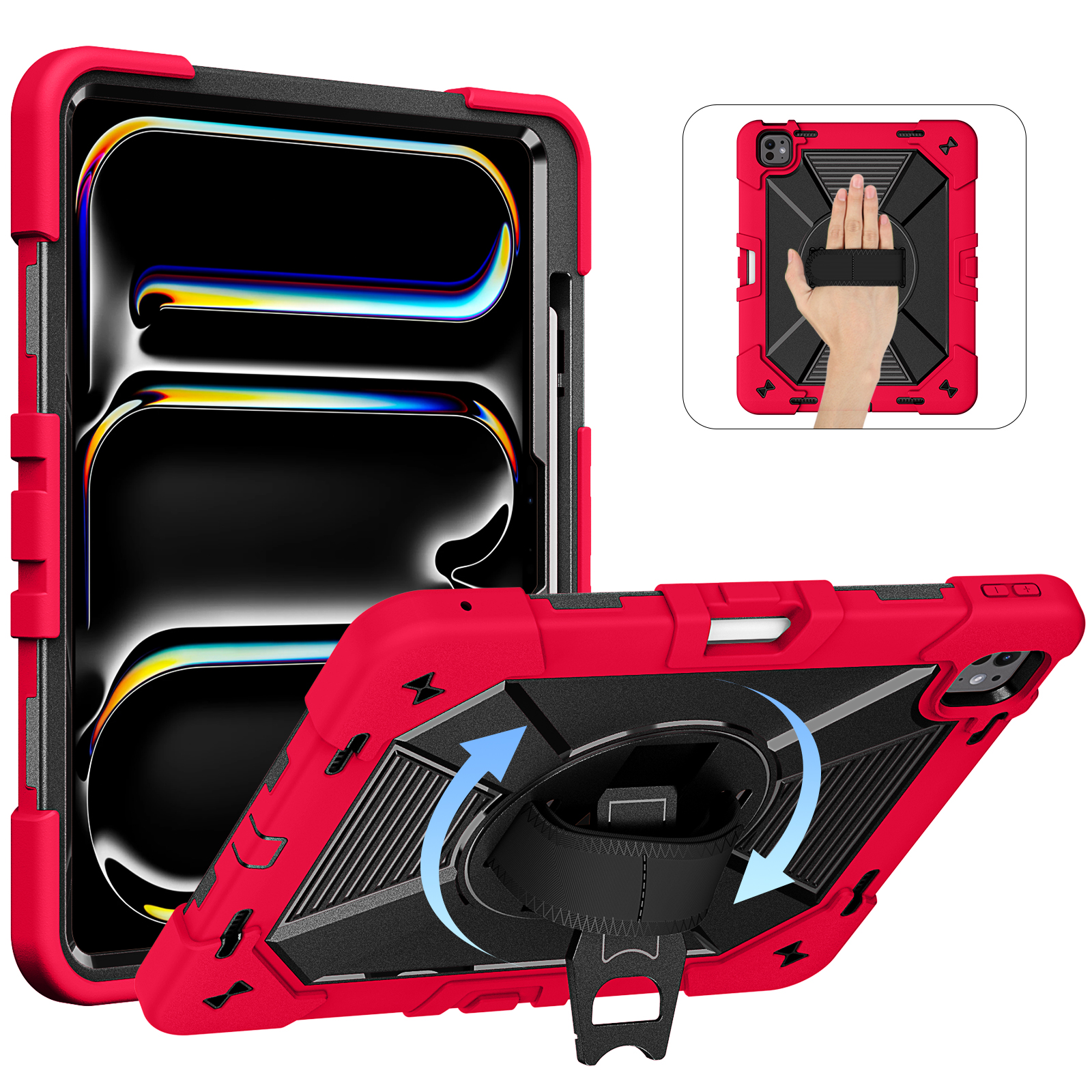 TOZIZO Rugged iPad Pro 13 M4/M5 Case 360° Rotating Stand with Shoulder Strap & Pencil Holder – Red Black Tactical Defender Edition