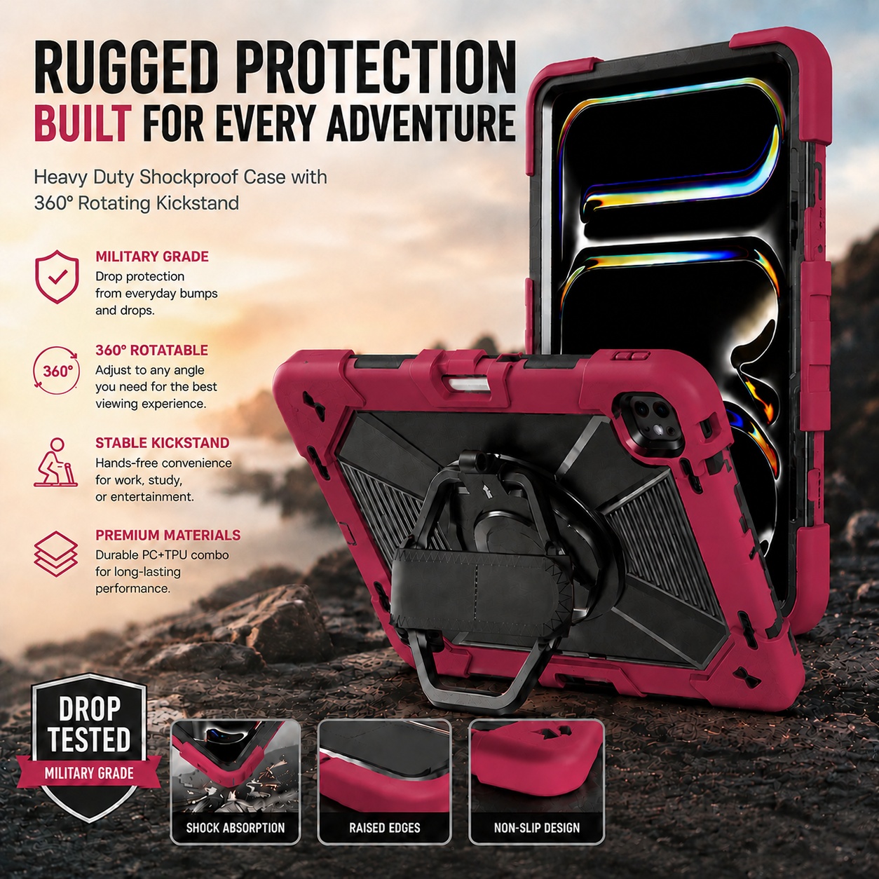 TOZIZO Wine Red Commercial iPad Air 13 M2 M3 M4 Rugged Case with Swivel Stand and Shoulder Strap