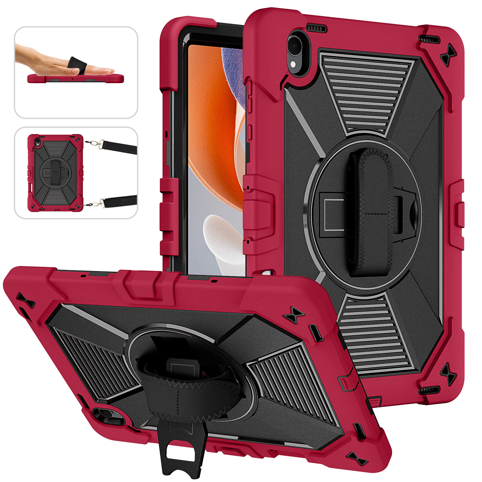 TOZIZO Wine Red Rugged Samsung Tab S12 Plus Protective Rugged Case with 360 Rotating Stand Wholesale B2B Solution and Shoulder Strap
