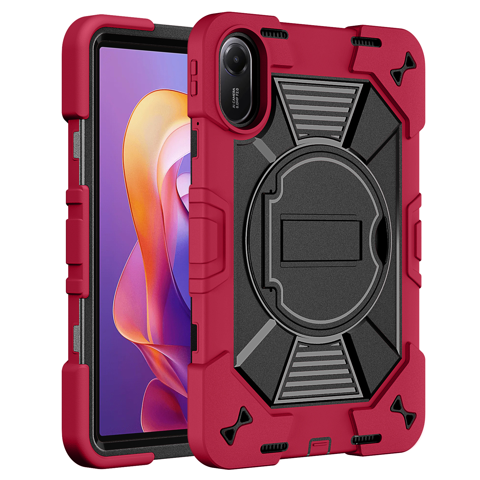 TOZIZO Wine Red Rugged Tablet Case Redmi Pad 2 Premium Heavy Duty Armor Protective Case with Adjustable Shoulder Strap for Traveling Sporting Enterprise Use