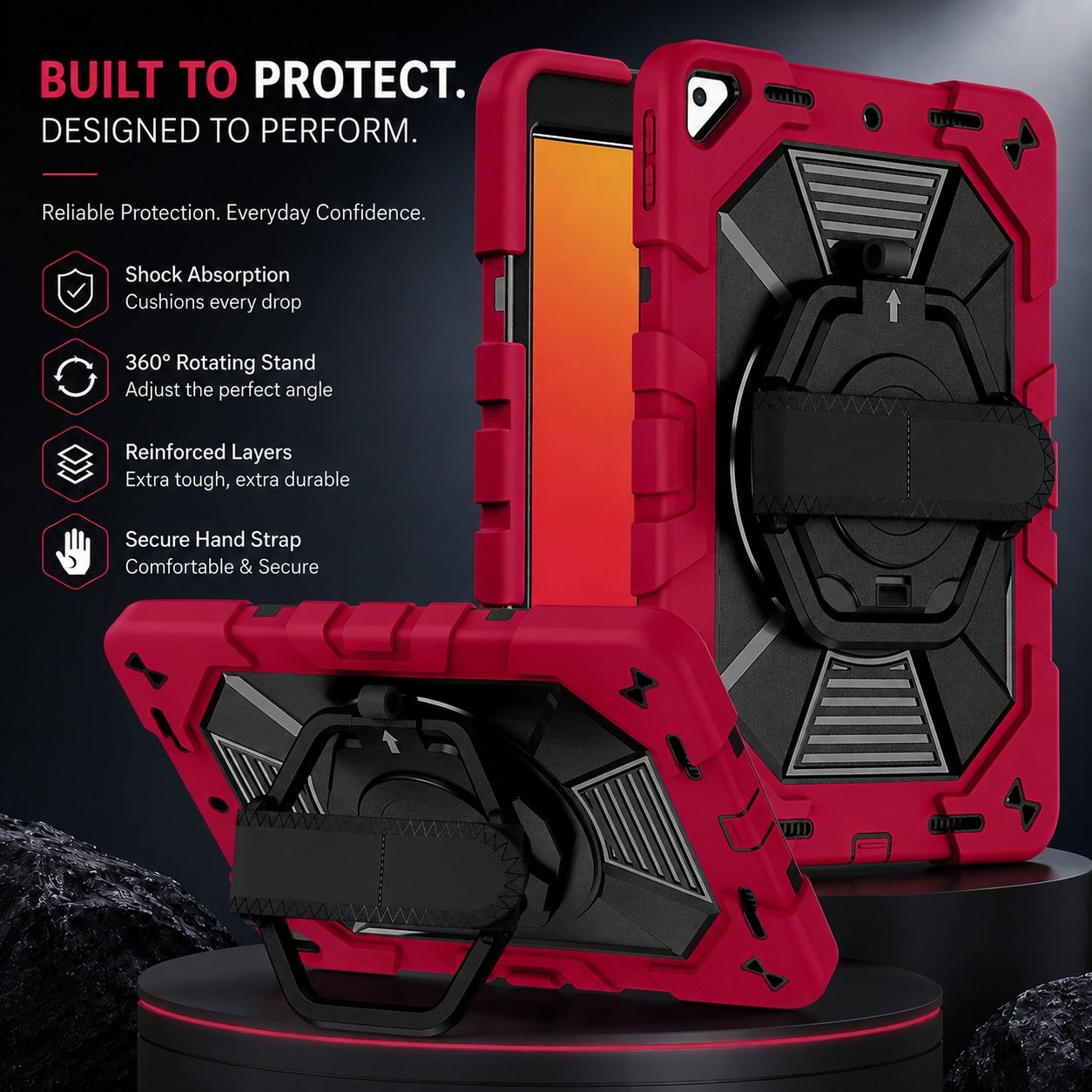 TOZIZO Wine Red Military Grade iPad 10.2 Rugged Cover with 360° Stand Hand Strap Shoulder Strap