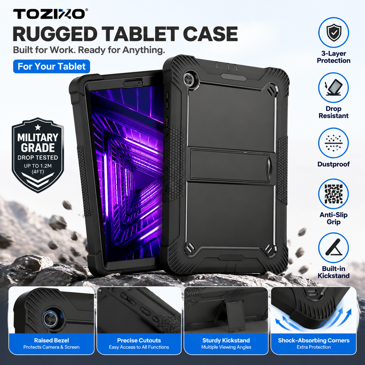 TOZIZO Rugged Protective Tablet Case with Foldable Kickstand for Lenovo Tab K10 2021 X6C6F Black